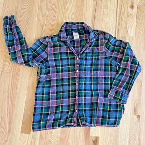 Lands’ End Boys’ Red Plaid Flannel Pajama Long Sleeve Button Front 10 -12 cotton